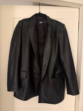 Zara Black Faux Leather Blazer Jacket